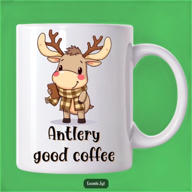 Funny Moose Browsing Mug - Delighted Antlers, Checkered Scarf, Cozy Gift