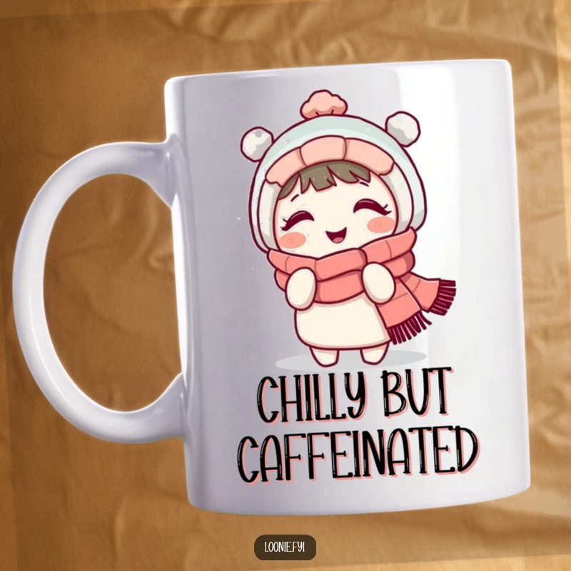 Funny ceramic mug with a cute giggling character in a cozy scarf, playfully shivering from the cold, perfect for winter lovers.