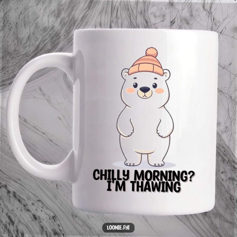 Funny polar bear wearing a toque, standing proudly in the snow, exuding winter cheer and humorous arctic vibes.