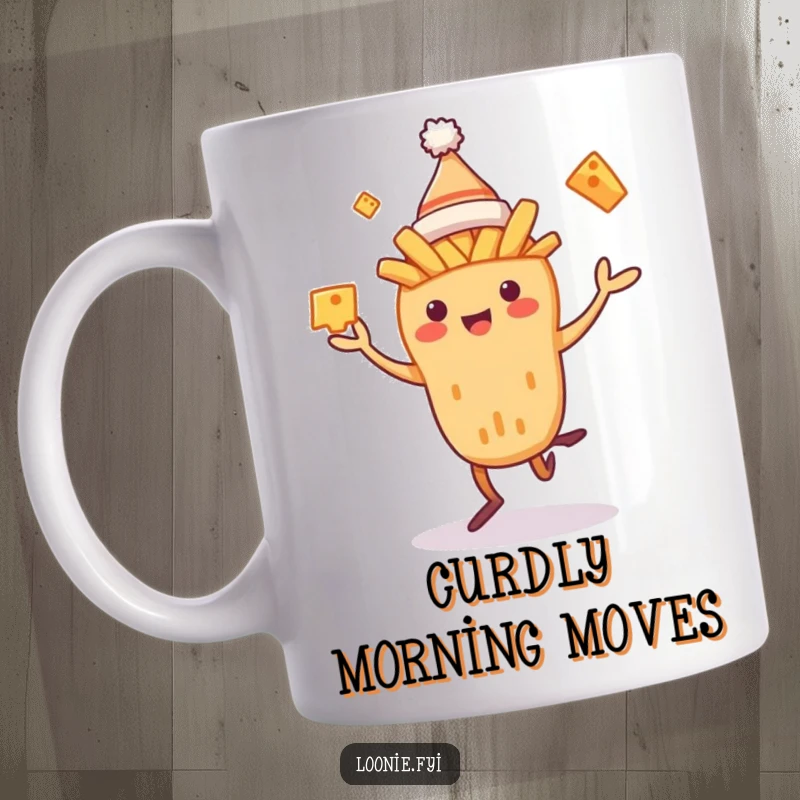 Funny Poutine Creature Mug showing a dancing poutine character in a toque juggling cheese curds with joyful energy.