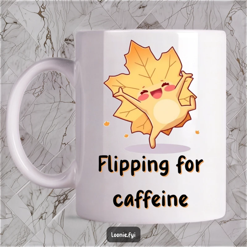 Funny mug featuring a happy maple leaf character doing a cheerful somersault, radiating autumn joy and playful energy.