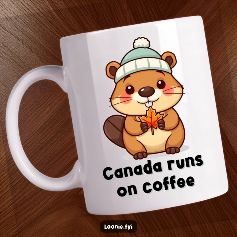 Funny Mug with a beaver wearing a tiny toque and holding a miniature maple leaf, celebrating Canadian humor.
