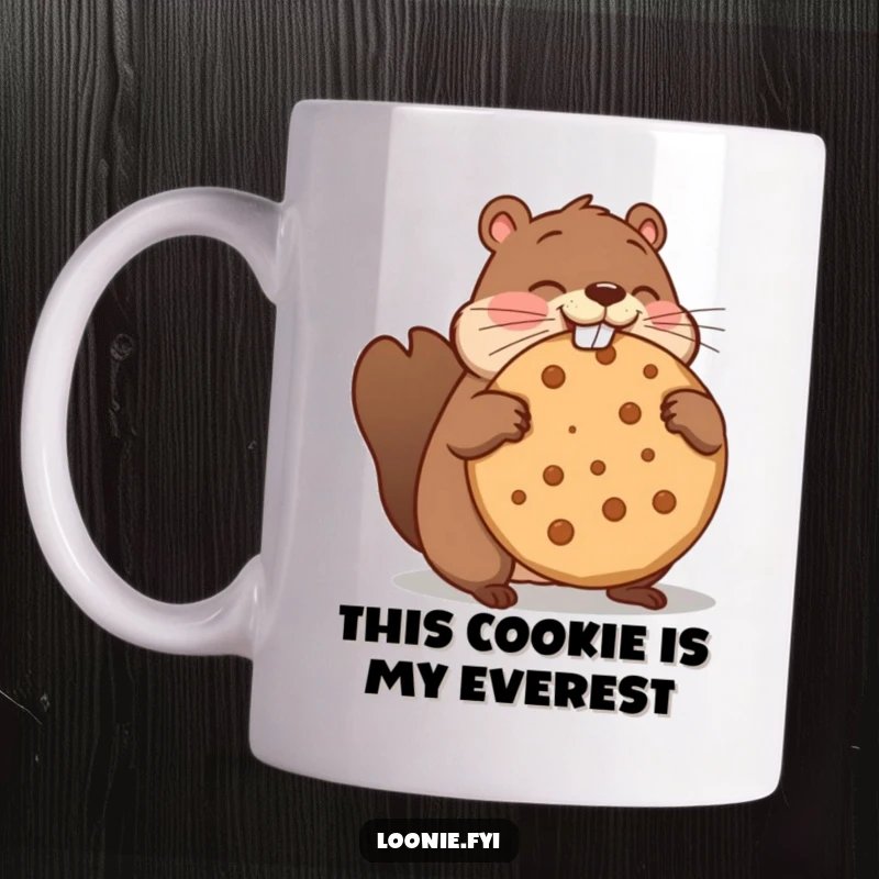 Funny mug with a determined beaver comically trying to chomp on an oversized maple cookie, showcasing its funny struggle.