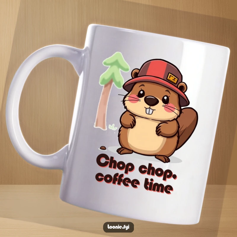 Funny mug showcasing a beaver wearing a lumberjack hat, energetically chopping wood with determination, a humorous depiction of hard work.