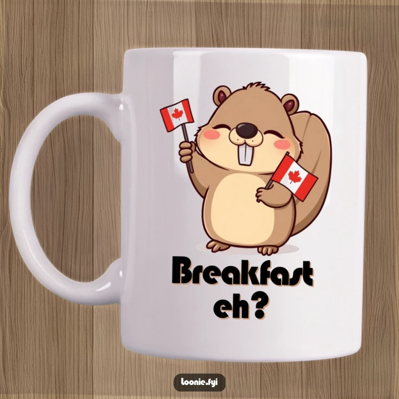 Funny Beaver Mug: A winking beaver enthusiastically waving a small Canadian flag, embodying national pride with a playful spirit.