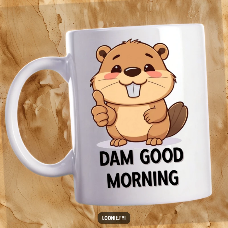 Funny mug featuring a smiling beaver giving a friendly thumbs up, radiating positivity and industrious charm.
