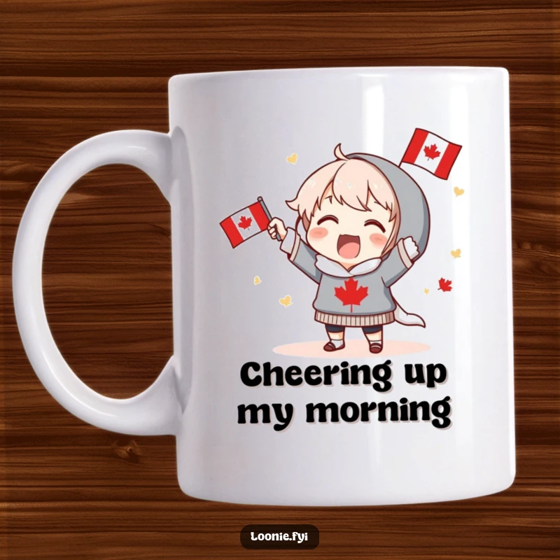 Funny Mug: Excited character proudly holds a miniature Canadian flag and cheers enthusiastically, embodying patriotic joy. Ideal for a spirited funny gift.