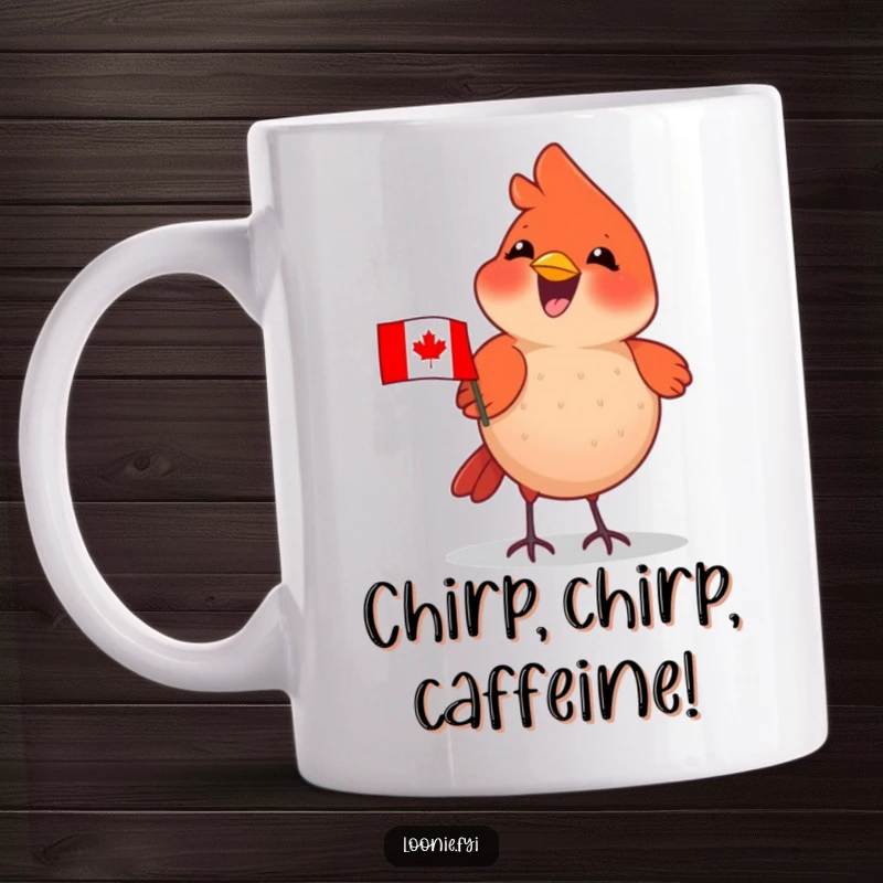 Funny Cardinal Mug: Delighted cardinal wearing a tiny Canadian flag, chirping happily, perfect for bird lovers.