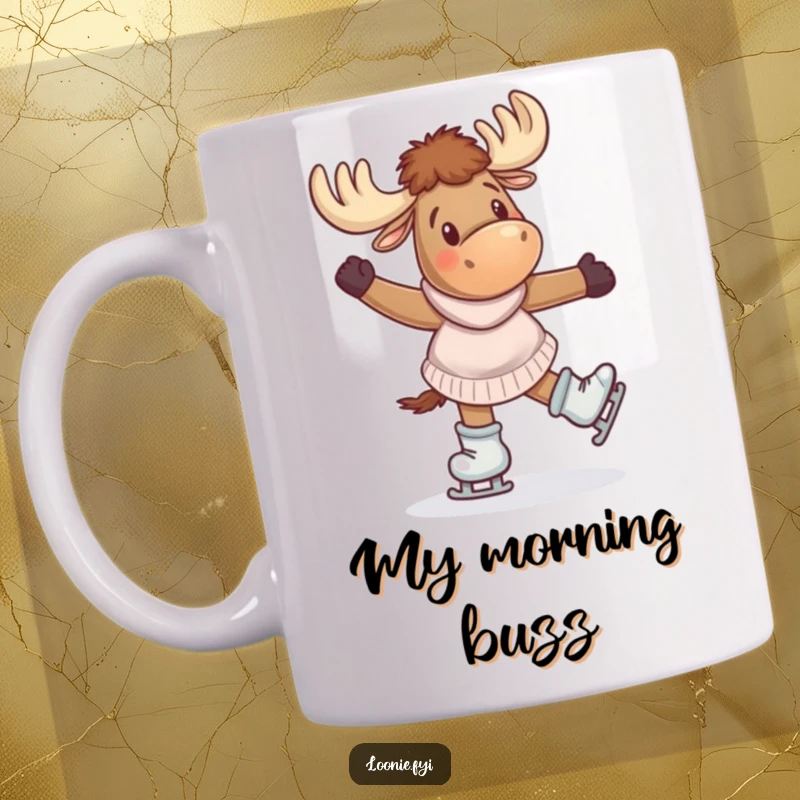 Funny Mug: An excited moose wearing skates spins joyfully, embodying playful energy and fun.