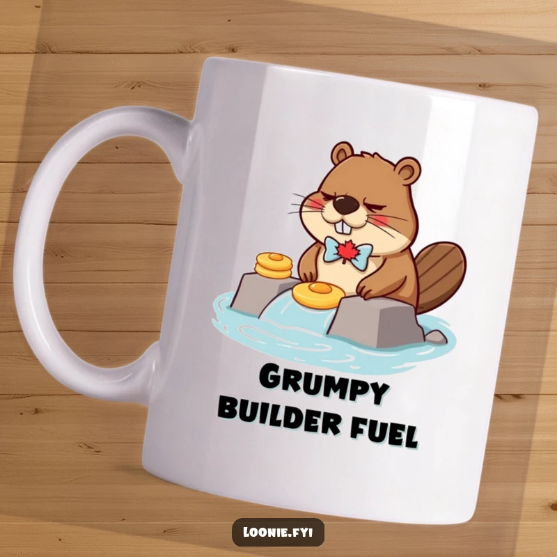 Funny, grumpy beaver wearing a maple leaf bow tie, attempting to build a dam out of pancakes, on a coffee mug.