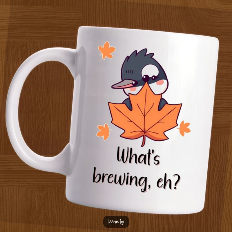 Funny mug featuring a curious loon bird peeking playfully from behind a stylized maple leaf, spreading woodland charm.