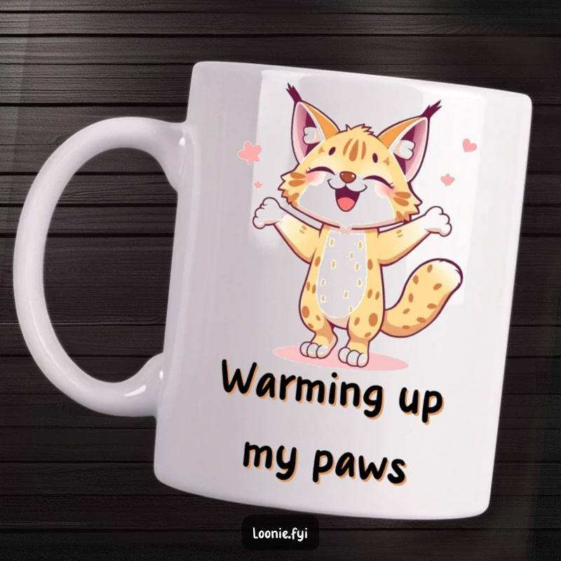Funny mug featuring a joyful lynx performing a happy little jig, spreading infectious feline cheer and dance moves.