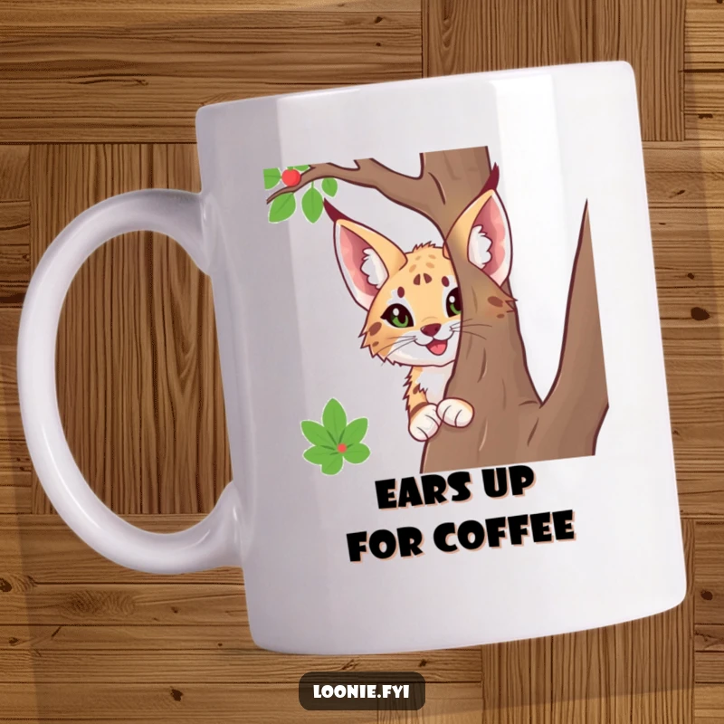 Funny mug featuring a happy lynx with large ears, playfully peeking from behind a tree with an inquisitive and friendly expression.
