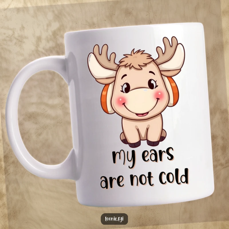 Funny Moose Ear Muffs Mug: A cheerful moose wearing ear muffs, grinning widely, ready to spread holiday cheer as a gift.