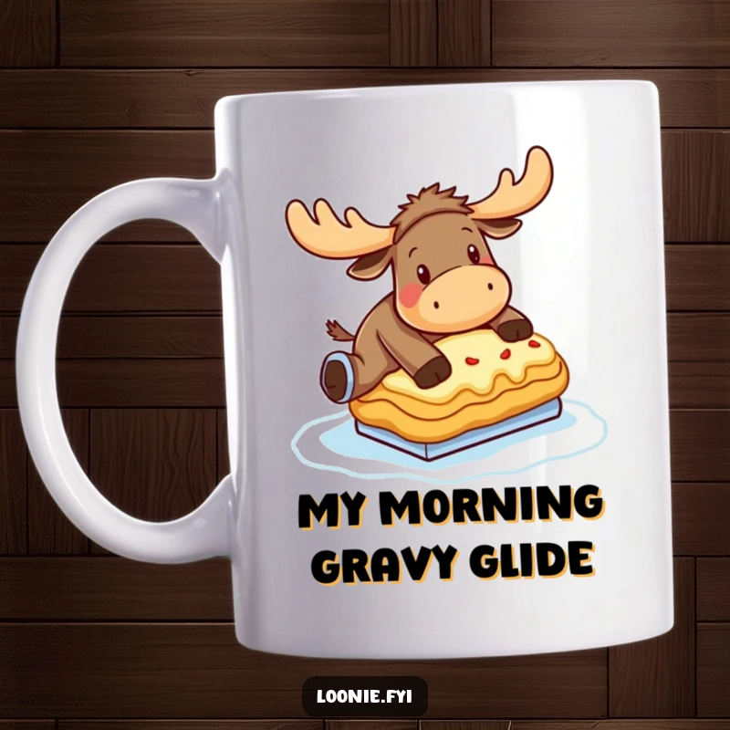 Funny Moose Mug: A clumsy moose hilariously tries to ice skate on a frozen poutine, embodying pure comedic struggle.