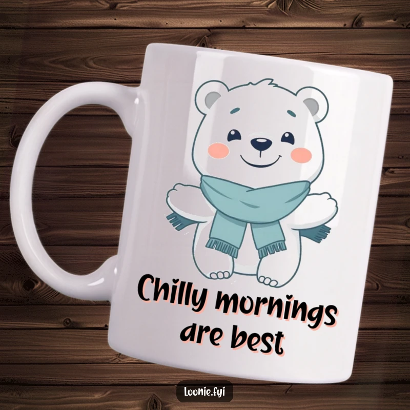 Funny Mug: A happy polar bear with a wide grin wears a warm scarf, looking friendly and cheerful.