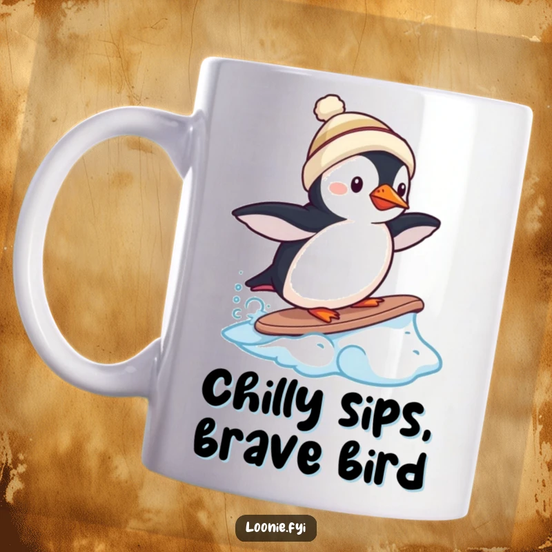 Funny puffin mug wearing a miniature toque, attempting to surf on a frozen wave, a chilly arctic adventure.