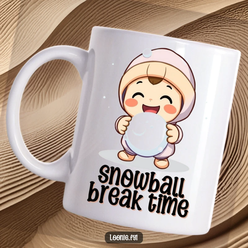 Funny ceramic mug with a smiling character making a friendly gesture to share a snowball fight, evoking fun and camaraderie.