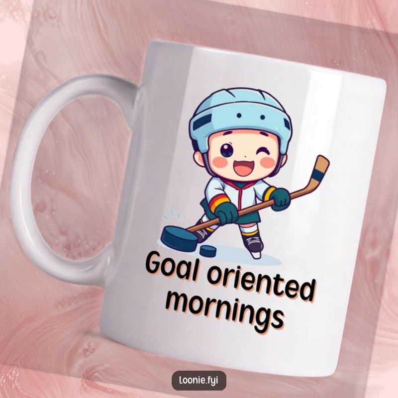 Funny mug featuring a jubilant character playing hockey with a stick and puck, showcasing intense game action.