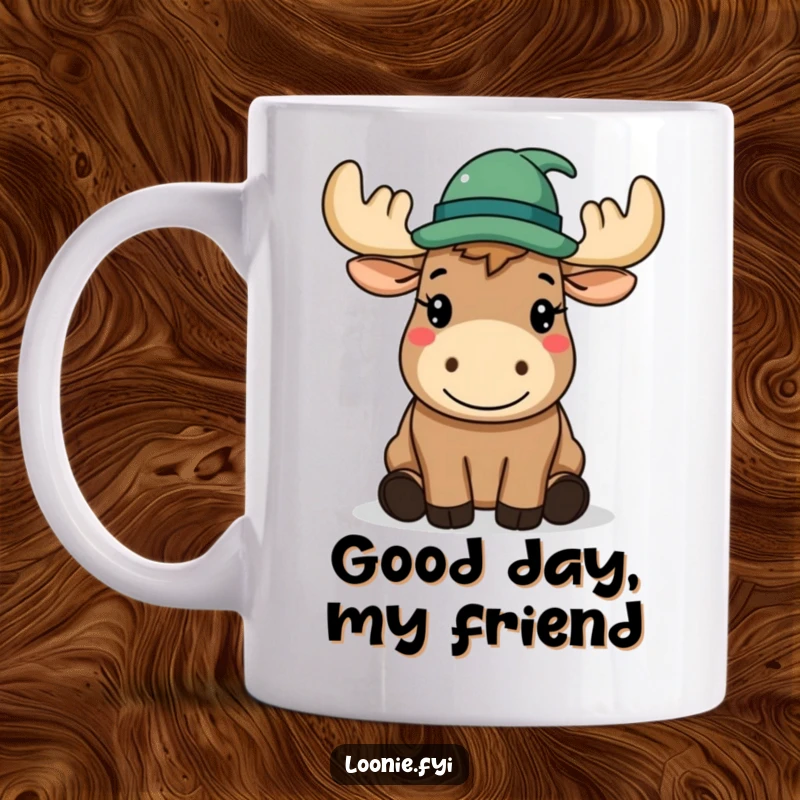 Funny Mug: A happy moose wearing a hat politely tips it, offering a friendly and distinguished greeting.