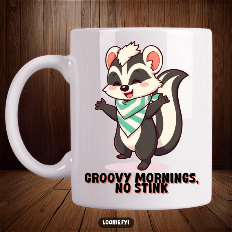 Funny mug featuring a happy skunk in a stripey bandana, joyfully doing a dance, radiating positive vibes and contagious energy.