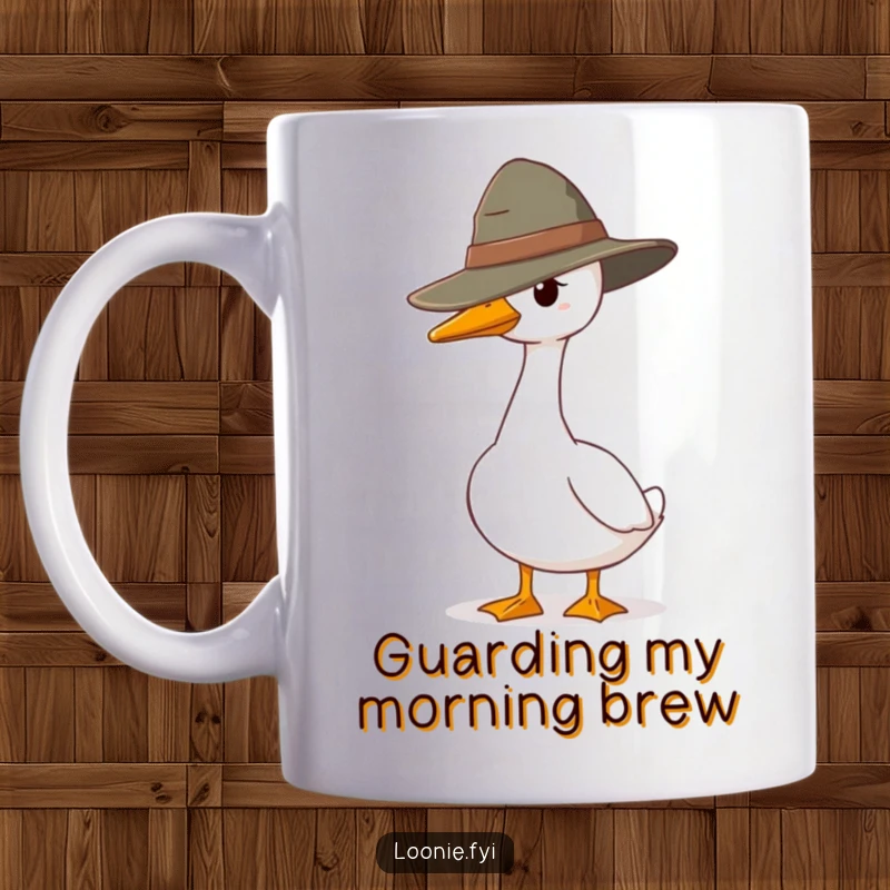 Funny mug with a goose wearing a ranger hat, standing alert and protective, conveying a humorous sense of duty and watchfulness.