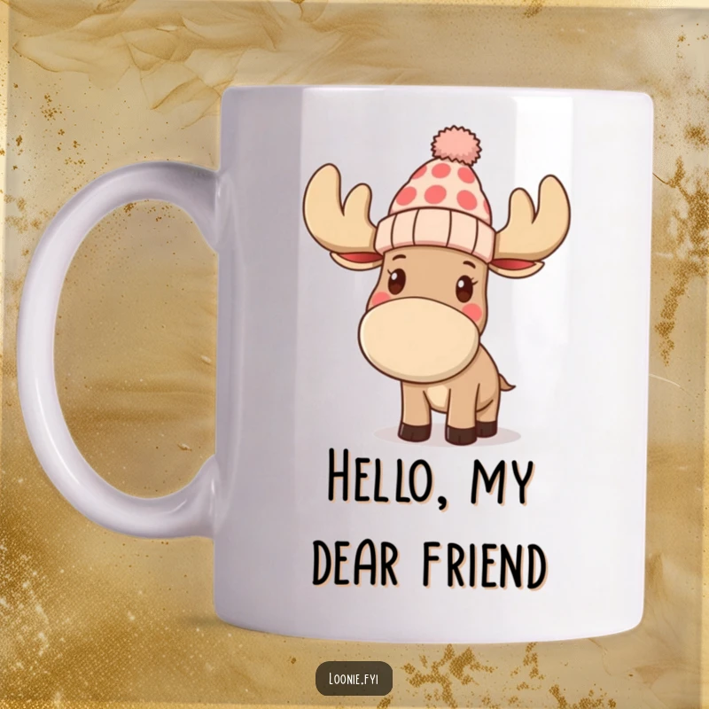 Funny mug featuring a large, friendly moose wearing a cozy toque, waving enthusiastically, conveying warmth and a humorous Canadian vibe.