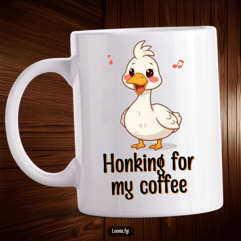 Funny mug of a Canadian goose with a comically happy expression, honking a cheerful tune, spreading goosey glee.