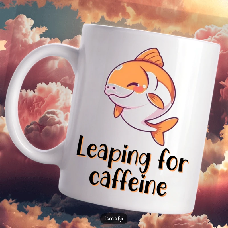 Funny mug showcasing a salmon mid-leap with a determined yet joyful expression, ready to conquer.