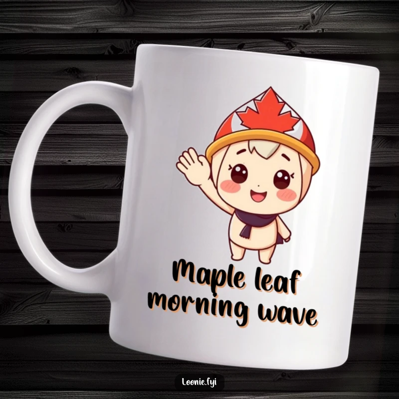 Funny Mug: Cheerful character wearing a Canadian maple leaf hat gives a warm, happy wave. Ideal for spreading cheer and a great funny gift.