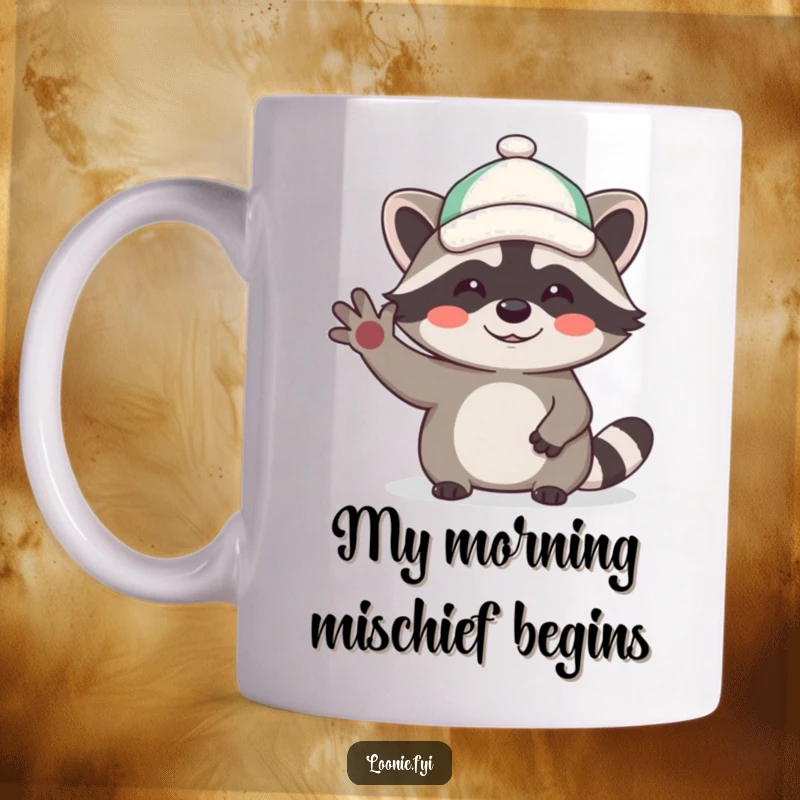 Funny mug featuring a cute, giggling raccoon character in a small cap, enthusiastically waving hello with a mischievous grin.