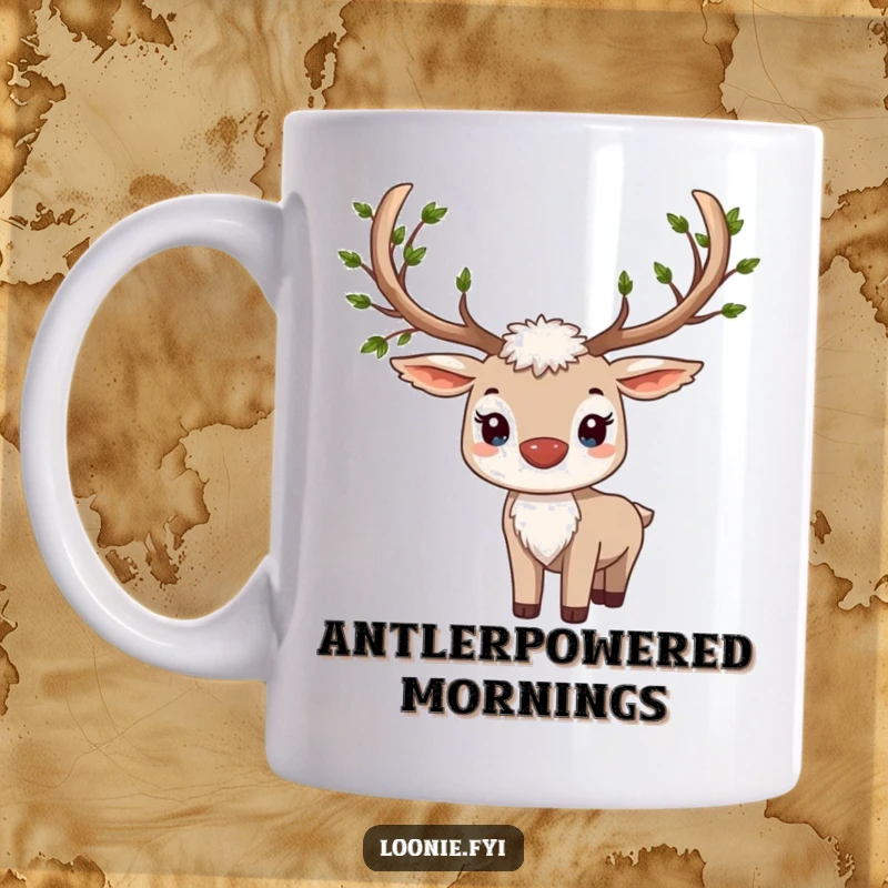 Funny mug featuring a proud caribou with impressive antlers beautifully decorated with delicate, tiny green leaves.