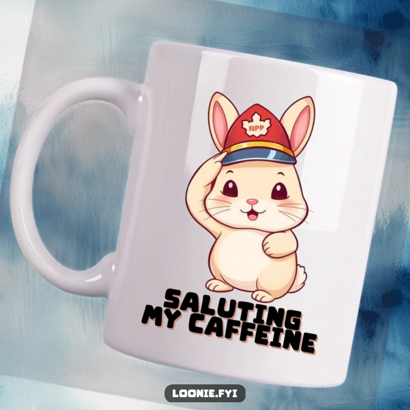 Funny mug with a little rabbit wearing a tiny RCMP hat and saluting proudly, showcasing adorable authority.