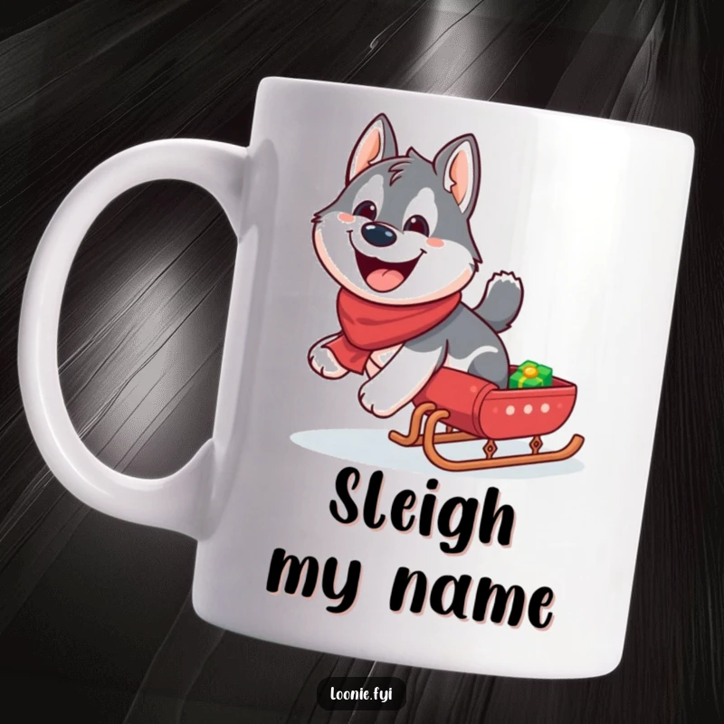 Funny Husky Mug: Giggling husky pulling a miniature sleigh with a wide grin, perfect for winter.