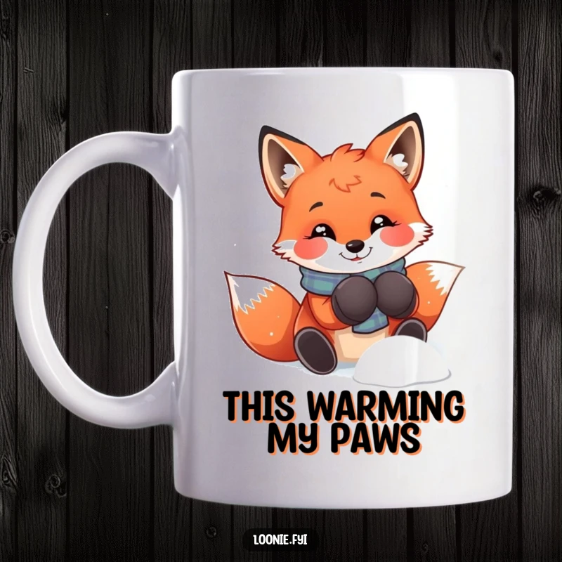 Funny smiling red fox wearing mittens, joyfully playing with snow, bringing winter cheer to this delightful mug.