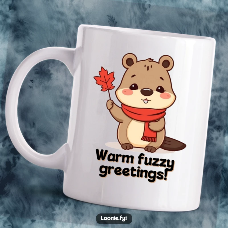 Funny Mug: A cute beaver wearing a red scarf cheerfully waves a small maple leaf, embodying Canadian warmth.