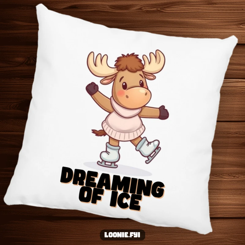 Funny Pillow: A giddy moose wearing skates is depicted mid-twirl, adding a touch of playful winter charm to any decor.