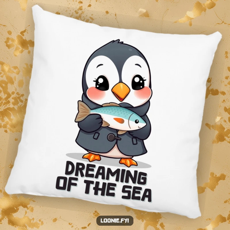 Funny pillow featuring a delighted puffin in a small coat, holding a fish, offering comfort and a touch of seaside whimsy.