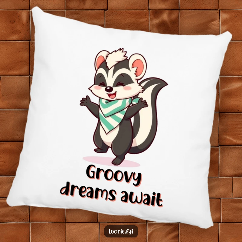 Funny pillow featuring a skunk in a stripey bandana doing a happy dance, offering comfort and a touch of whimsical cheer.