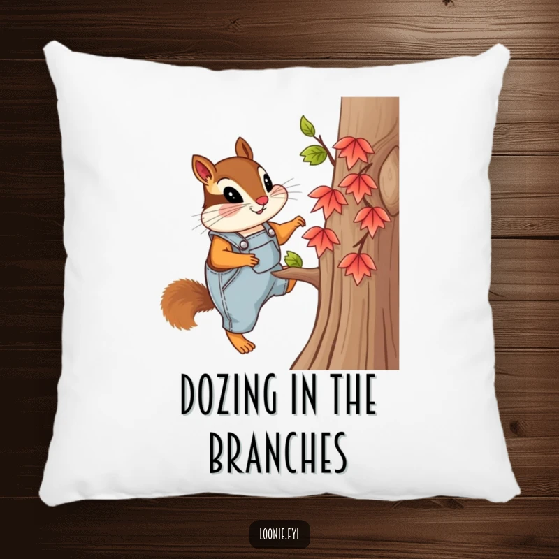 Funny pillow featuring a curious chipmunk in overalls, climbing a tiny maple tree, perfect for adding comfort and adventurous humor.