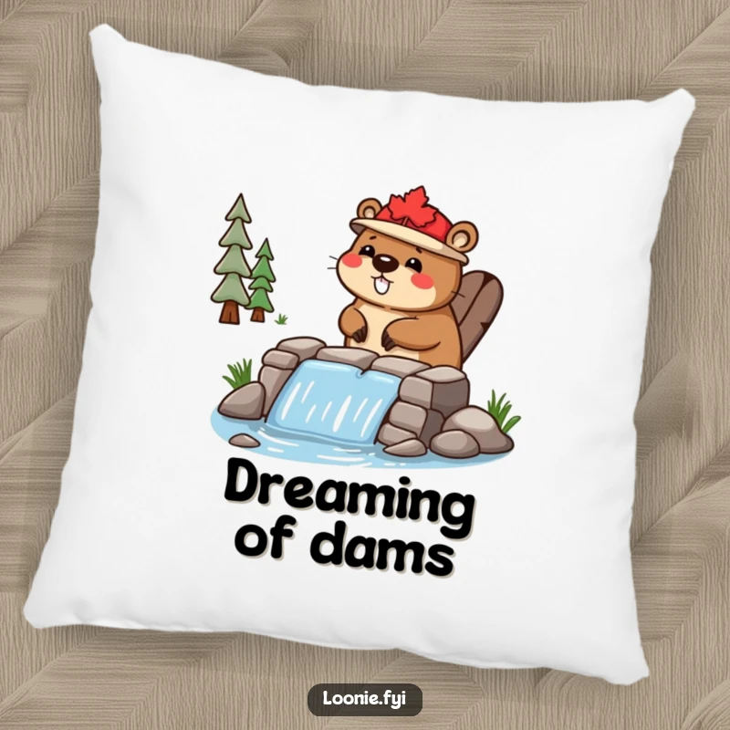 Funny Pillow: A happy beaver in a maple leaf hat builds a dam, adding cozy, industrious charm to decor.