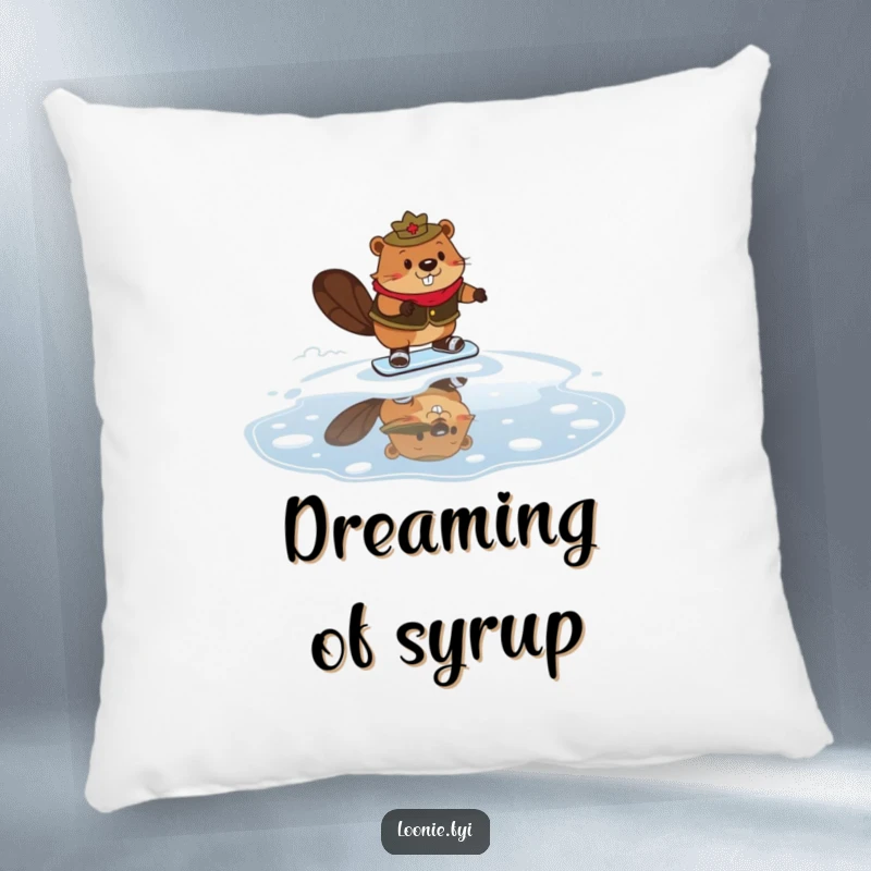 Funny Mountie Beaver Pillow with a soft beaver in a Mountie uniform attempting to skate on maple syrup, designed for comfort and humor.