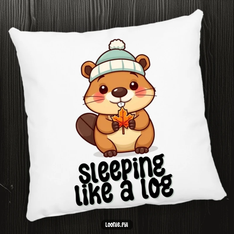 Funny Pillow depicting a beaver wearing a tiny toque and holding a maple leaf, offering cozy Canadian humor.