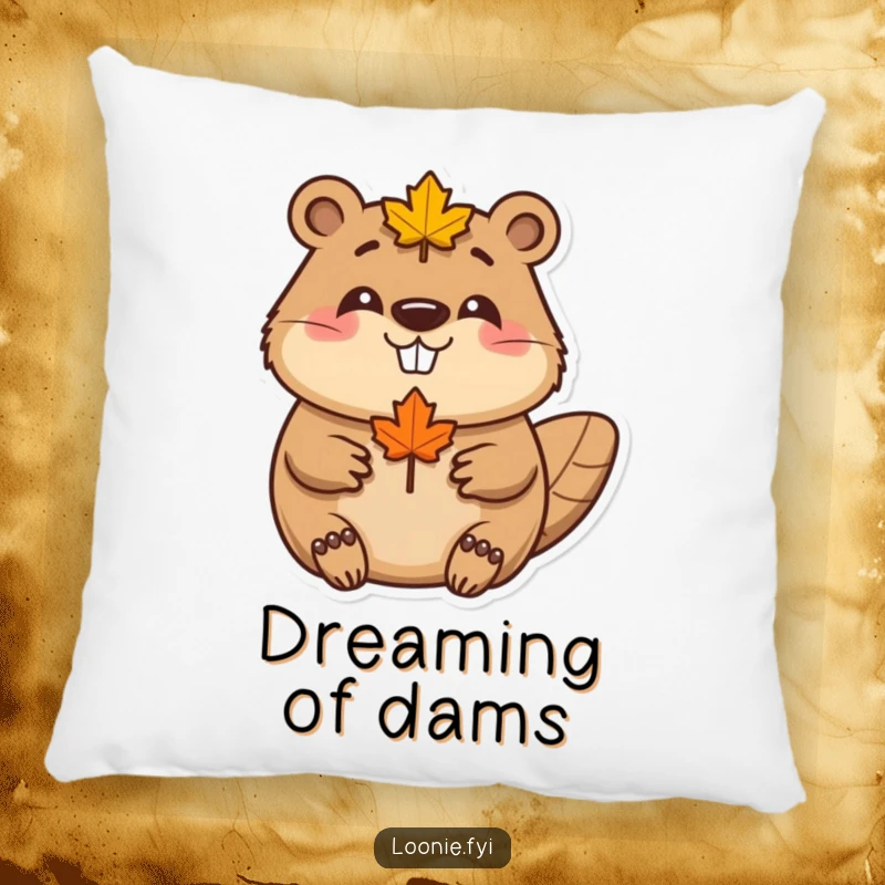 Funny Beaver Maple Leaf Pillow: A happy beaver wearing a maple leaf smiles, offering comfort and Canadian cheer, a delightful funny gift.