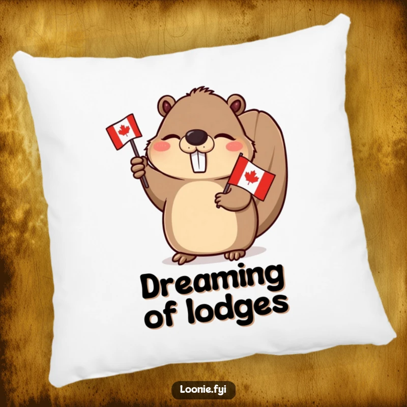 Funny Beaver Pillow: A winking beaver waving a Canadian flag, offering comfort and national pride in a decorative cushion.