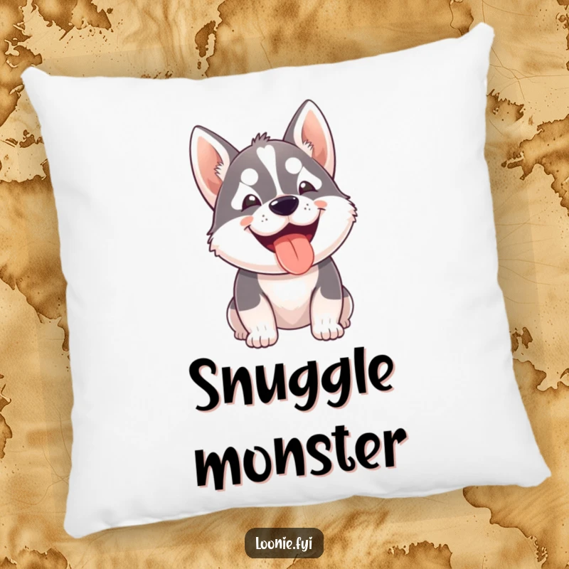 Funny pillow with a small husky dog panting with a big happy grin, offering a soft and humorous dog-themed accent.