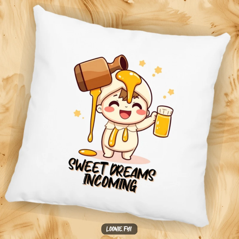 Funny pillow showcasing a cheerful character pouring maple syrup; perfect for adding comfort and humor.