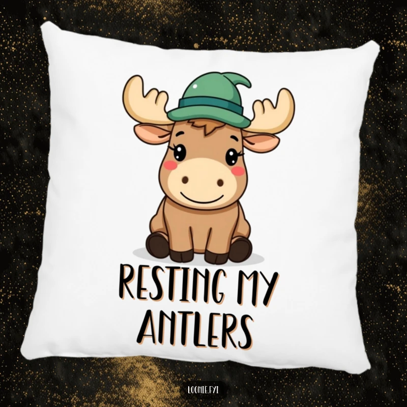 Funny Pillow: A happy moose wearing a hat politely tips it, offering soft comfort and charm.