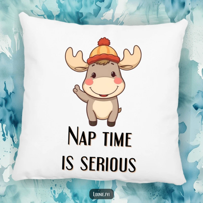 Funny Moose Pillow: Soft cushion with a cheerful moose wearing a toque, smiling and waving, for comfy decor.