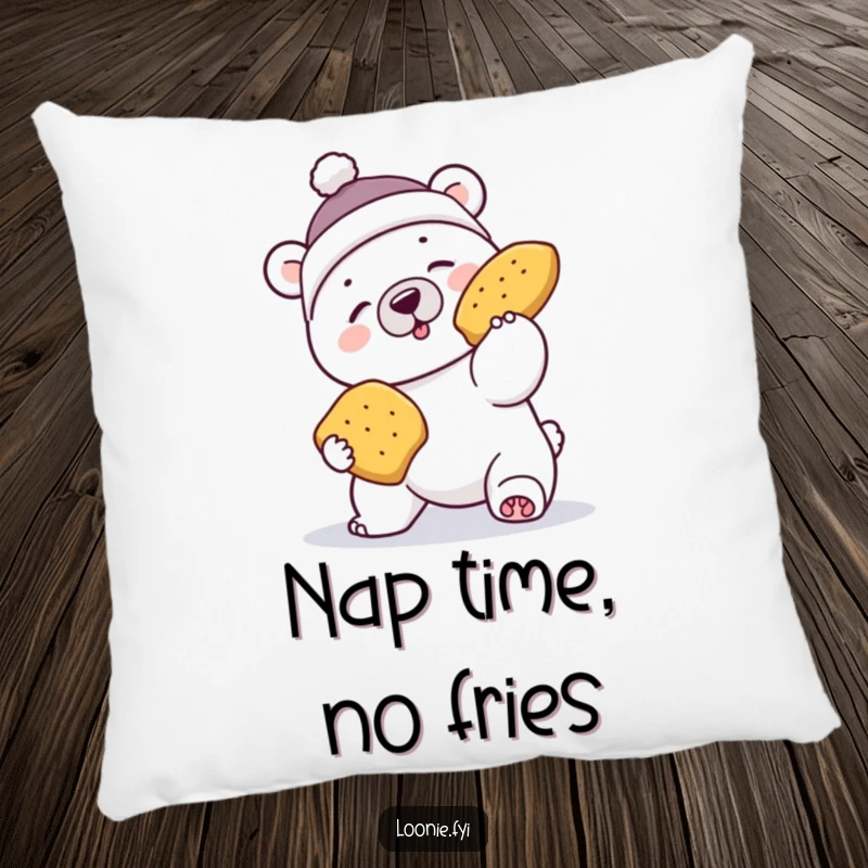 Funny polar bear pillow wearing a toque, failing comically to catch flying poutine, soft and hilarious decor.